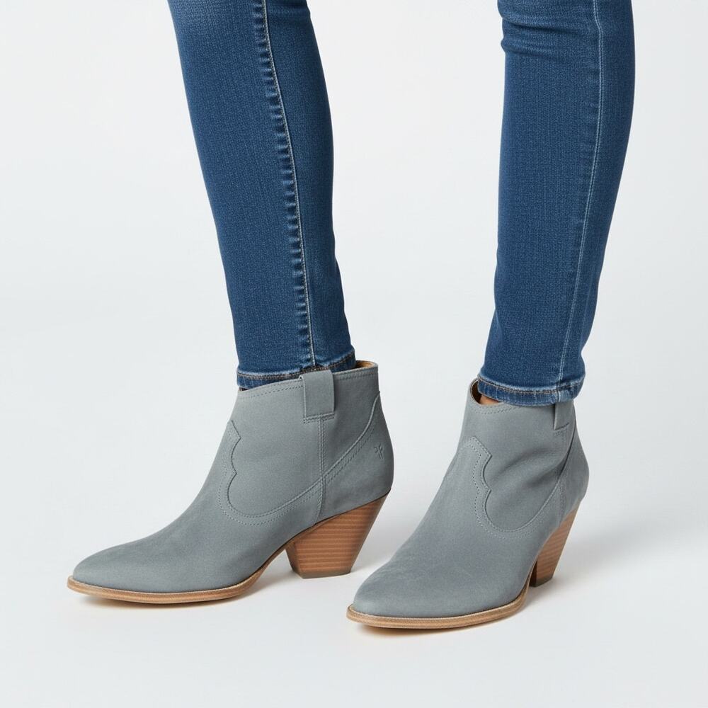 Frye Light Gray Suede Western Pointed Toe Ankle Boots 720087